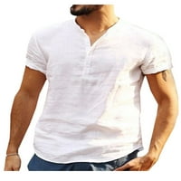 Muške majice s kratkim rukavima, jednobojne Pamučne lanene majice na kopčanje s izrezom u obliku slova A, bijele