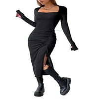 Elegantna čvrsta kvadratna haljina za vrat karoserije dugi rukav crna