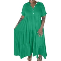 Plus size suknja s reverom s kratkim rukavima na kopčanje duga široka zelena haljina za žene