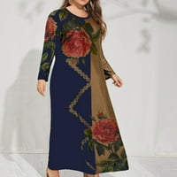 Ženska haljina s okruglim vratom i cvjetnim printom u boho stilu Plus Size Abou, Prodaja jesenskih haljina za