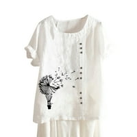 Ženska pamučna lanena majica s okruglim vratom s kratkim rukavima na kopčanje s printom u obliku slova u