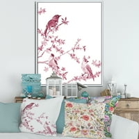 Prekrasne ružičaste ptice koje sjede na cvjetnim granama uokviruju sliku umjetničkim otiskom na platnu
