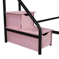 Niski potkrovni krevet, dvostruki metalni krevet s dva koraka za odlaganje, crni s ružičastim stepenicama