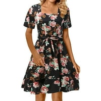 FSQJGQ Ljetne haljine casual ženske sundress cvjetni print kvadratni vrat haljine za zabavu a-line proklet visoki