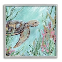 Studell podvodna morska kornjača plivanje koraljne pejzažno slikanje siva uokvirena umjetnička print zidna umjetnost