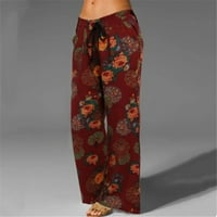Duge hlače za žene, ženske modne hlače s printom, Ležerne široke hlače s elastičnim vezicama, vinske hlače u boji