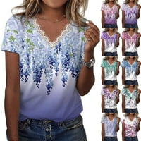 Ženske cvjetne grafičke košulje za print čipka V obrub v vrat kratki rukavi tunike modne estetske majice Ljetna
