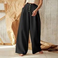Pgeraug hlače za žene čvrste boje visoki struk, pamučna lanena hlača široke nogu hlače za žene crne m