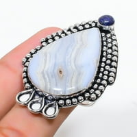 Plavi čipkasti ahat, dragulj Lapis prsten od nakita od srebra Veličina 10