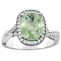 10K bijelo zlato prirodno zeleno ametist halo prsten jastuk 9x dijamantni naglasak, veličina 8