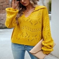 Ženski osnovni pleteni vrhovi u boji, Jednobojni džemperi od žakarda s izrezom u obliku slova u i dugim rukavima