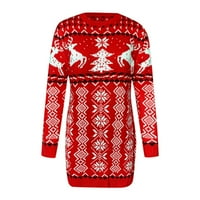 Mini haljine za žene s okruglim vratom s dugim rukavima od losa i snježne pahulje božićni pulover džemper pletena
