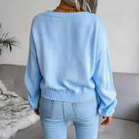 Ženski široki pleteni pulover s izrezom u obliku slova U i dugim rukavima, džemper džemper, vrhovi u plavoj boji