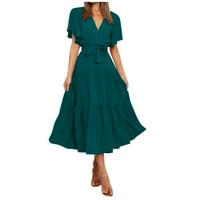 Ljetne haljine Za Žene, Ležerne jednobojne haljine s izrezom u obliku slova u i kratkim rukavima u struku, duga