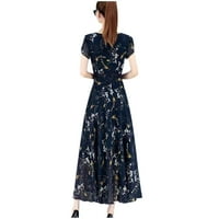 Mini haljine za žene modne povremene žene s V-izrezom kratki rukavi duga haljina cvjetna tiskana tanka haljina