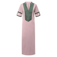 Ženske haljine ženske tiskane duge rukave V-izrez maxi haljina hem Baggy kaftan dugačka haljina ružičasta