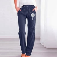 Ženske casual pamučne i lanene hlače visokog struka, jednobojne, vezice, elastični pojas, duge ravne hlače