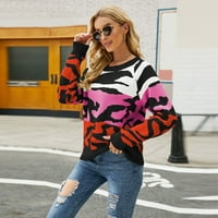 Džemper za žene, Leopard pleteni zimski pulover s okruglim vratom u boji, modna odjeća