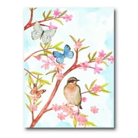 Pametna ptica koja sjedi na grani proljetnog stabla s leptirima crta umjetnički tisak na platnu