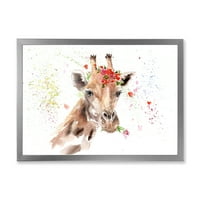 Dizajnerska umjetnost portret žirafe s crvenim cvjetovima uokvirena umjetnička gravura za seosku kuću