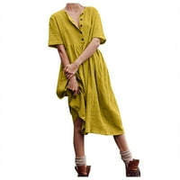 Žuta ženska modna tanka haljina od pamuka i konoplje S kratkim rukavima i širokom suknjom;