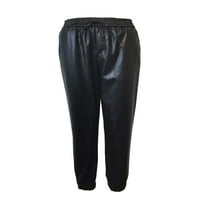 Ženske jednobojne hlače, kožne hlače s elastičnim pojasom, vezicama i džepovima, kaki, Crna