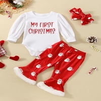 Djevojčice božićne odjeće Postavlja se bijeli slovo s dugim rukavima Print Romper + Djed Mraz Print Fleed hlače