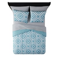 Geometrijski krevet u bijeloj boji u tirkiznoj boji, zajedno s pokrivačem s vrećicom i plahtama veličine MP