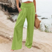 Ženske hlače u boji Ravne široke noge duge elastične hlače visoki struk ljetne hlače kaprisa s džepovima zelene