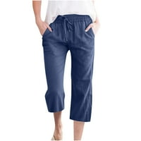 Ženske pamučne lanene hlače Capris hlače visokog struka, široke noge, palazo hlače s džepovima obrezane hlače