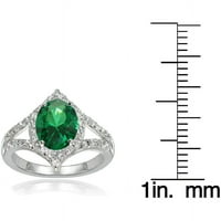 Modni ovalni prsten s podijeljenim drškom od srebra s imitacijom smaragda i bijelog topaza