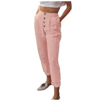 Hlače žene, modni ženski gumb za solidne boje džep casual leisure vrijeme hlače hlače ružičaste m