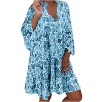 Proljetna haljina, Plus Size Ležerne ljetne haljine s okruglim vratom s tiskanim rukavima, Mini plava