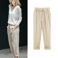 Lanene hlače za žene, široke jednobojne hlače Na vezanje s visokim elastičnim strukom, casual Capri joga hlače
