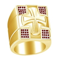 Muški križni prsten od žutog zlata s imitacijom crvenog granata okruglog reza preko prstena od srebra, veličine