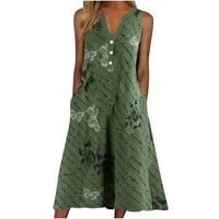 Ženske ljetne haljine s izrezom u obliku slova u, Ležerne haljine bez rukava s džepom s printom ruže, vojna Zelena