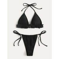 Ženski kupaći kostimi, dva jednobojna kompleta bikinija Plus size, odjeća za plažu s volanima i vezicama, crni