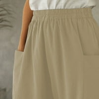 Modne ženske široke jednobojne pamučne lanene hlače s velikim džepovima, Ležerne Kaki hlače širokih nogavica
