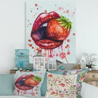 Crvene usne djevojke koja jede jagode slikaju umjetnički tisak na platnu
