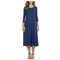 Boho haljine Ženska plaža jednobojna Mini haljina s dugim rukavima srednje dužine s okruglim vratom, plava 3 inča
