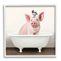 Stupell Industries Cottage ružičasta svinja s vrapcem smještenim u kadi Country Slikanje bijele uokvirene umjetničke