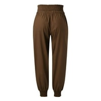 ženske hlače s elastičnim pojasom i vezicama, jednobojne udobne pamučne lanene hlače s džepovima, sportske hlače,
