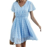 1111 ženska jednobojna Mini haljina s izrezom u obliku slova u i kratkim rukavima u točkicama