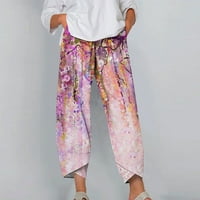 Posteljine hlače za žene Visoki struk plaža s džepovima mršavi trendi elastični struk ležeran tiskani dugi gumbi