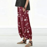 hlače za žene, ženske Ležerne široke pamučne lanene hlače s cvjetnim printom s elastičnim pojasom, široke hlače
