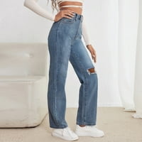 Modne traper hlače s elastičnim strukom, traperice na kopčanje, hlače s rupom i džepom, široke ženske hlače, ravne