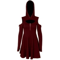 Ženska modna gotička čista boja kapuljača nisko rezano hladno rame Zippe mini haljina