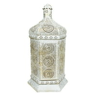 21,5 istrošena bijela i zlatna marokanska starinska stolna svjetiljka s cvjetnim izrezom