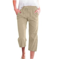 Ženske široke platnene kapri hlače širokih nogavica s elastičnim strukom, široke Ležerne hlače s džepovima