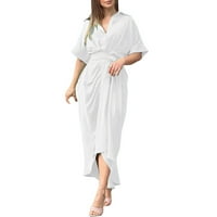Ljetne haljine za žene čvrste košulje u boji dugački v vrat jednostruka kratka rukava s suknja haljina bijela